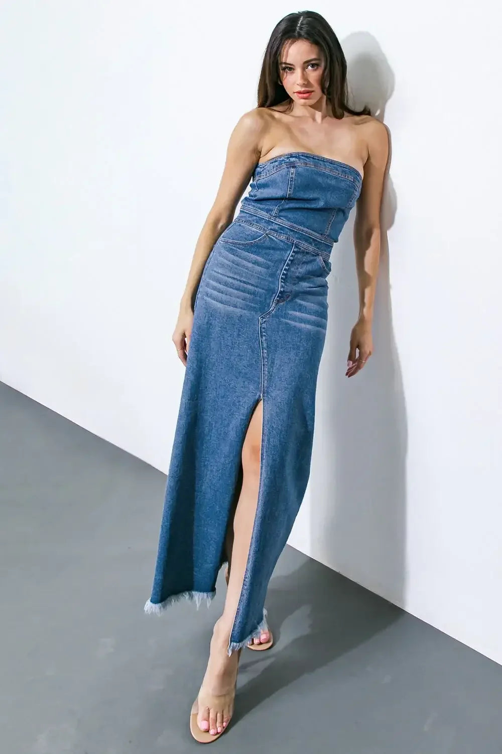 Roux Strapless Washed Denim Midi Dress