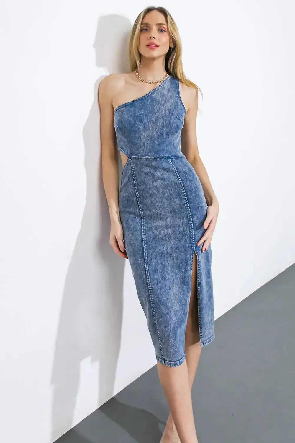 FAMILIAR PATTERNS - ONE SHOULDER SIDE CUTOUT DENIM DRESS