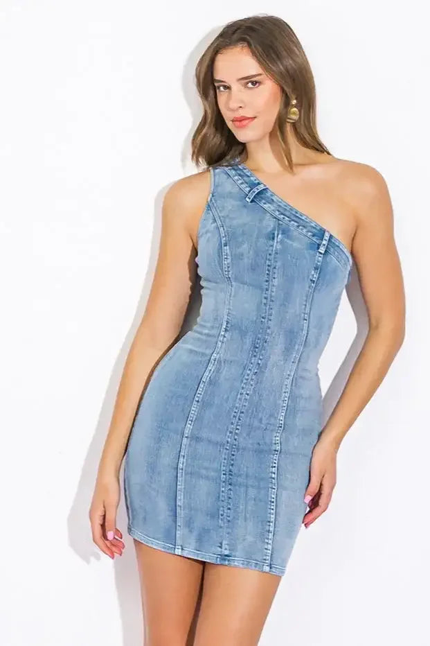 SIDE TO SIDE - ONE SHOULDER BODYCON DENIM MINI DRESS