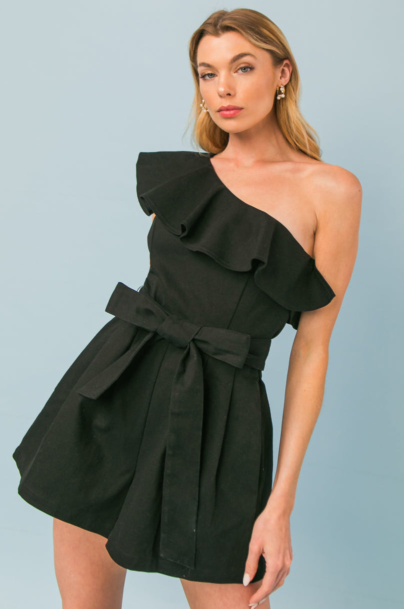 PIPPA ONE SHOULDER BLACK TWILL ROMPER