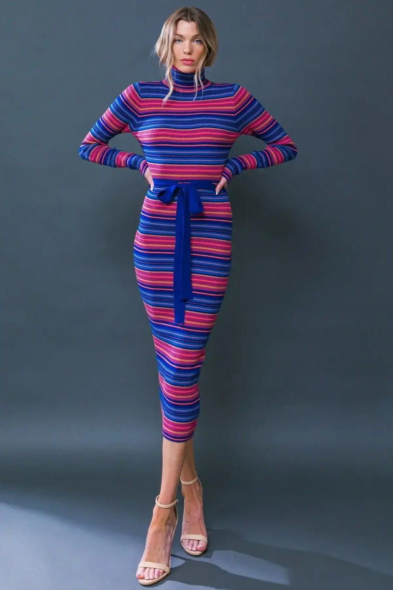SWEATER WEATHER MIDI DRESS - BLUE & FUCHSIA STRIPE