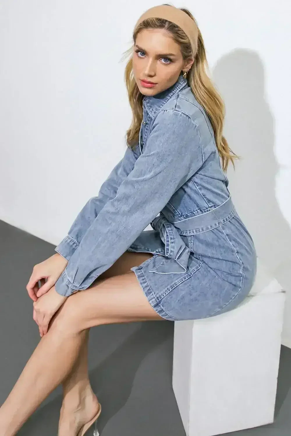 BE A LIGHT - LONG SLEEVE DENIM MINI SHIRT DRESS - FINAL SALE