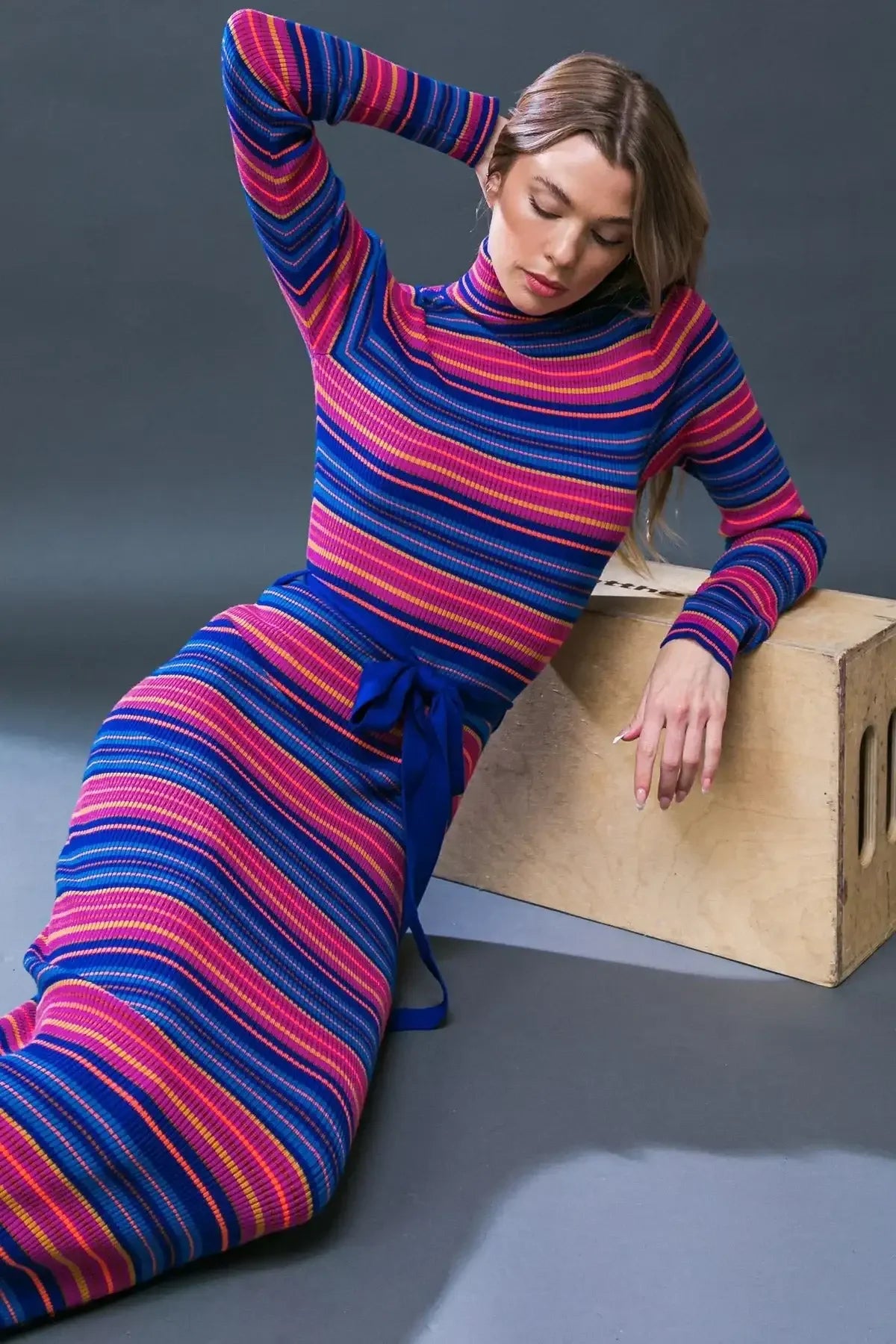 SWEATER WEATHER MIDI DRESS - BLUE & FUCHSIA STRIPE