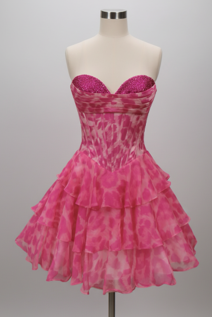 26455 - Ava Presley - Strapless Hot Pink Leopard Print Mini Dress