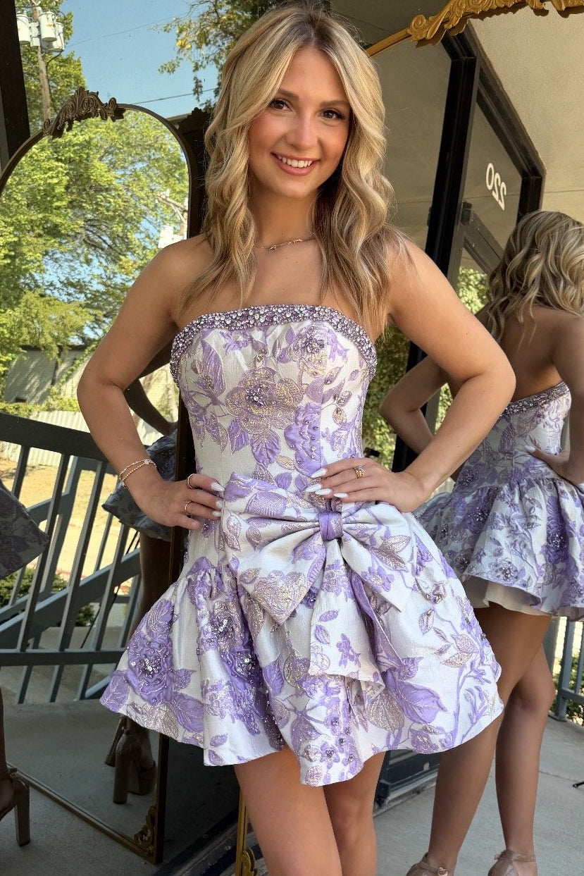 42463 - Ava Presley - Ivory Lilac Floral Mini Dress with Bow | Lady Black Tie