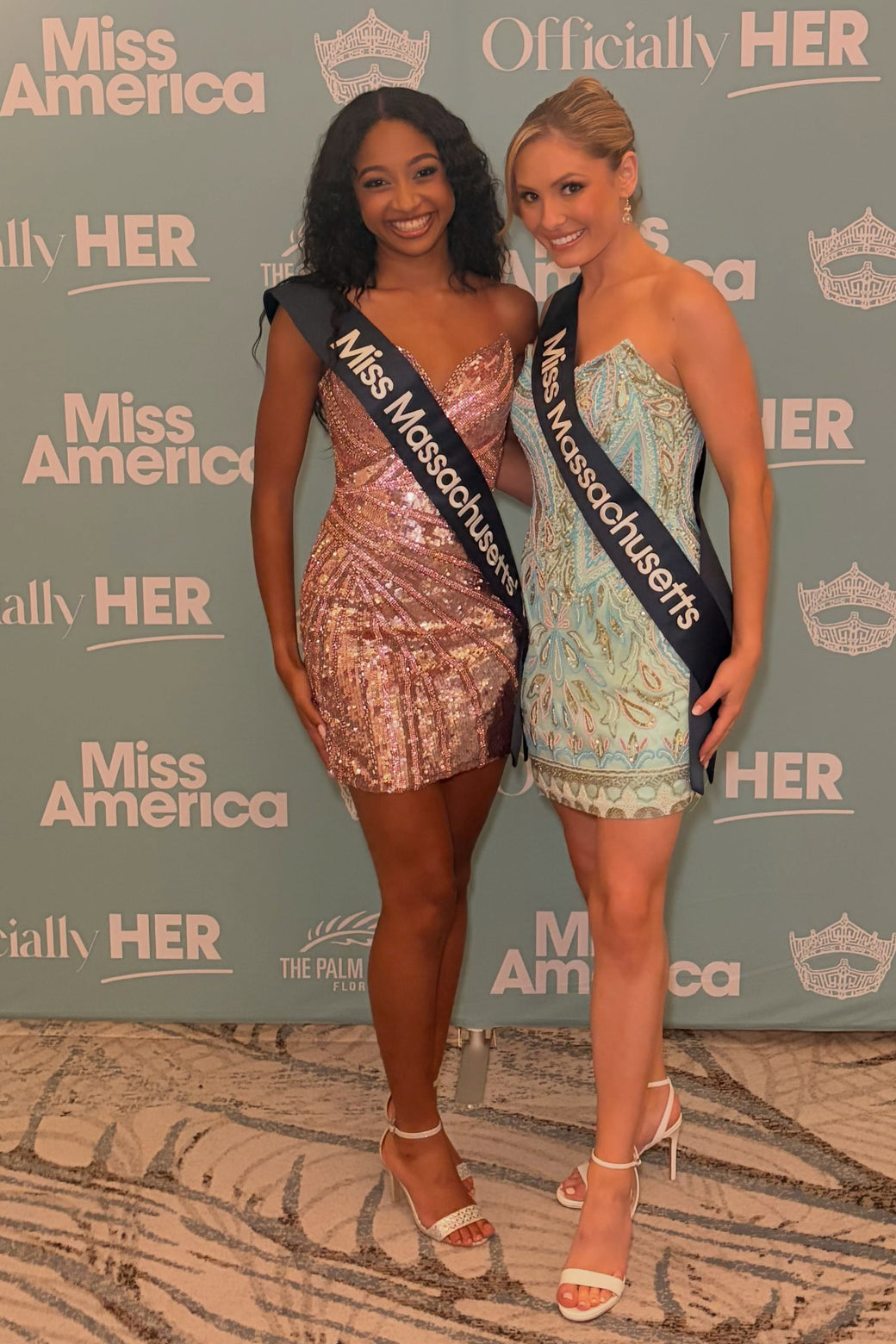 Two Miss Massachusetts titleholders in Lady Black Tie cocktail dresses at a Miss America event