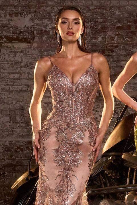 Lyra Gown - Mocha Gold - FITTED FLORAL GLITTER PRINT CORSET GOWN