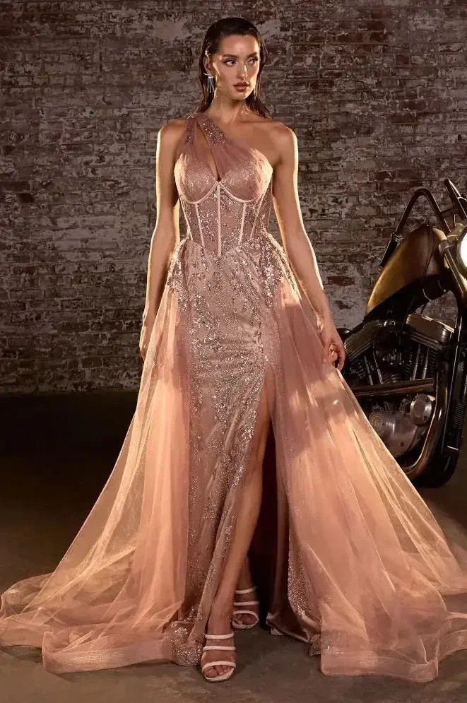 ODYSSEY GOWN - ONE SHOULDER GLITTER DRESS WITH OVERSKIRT