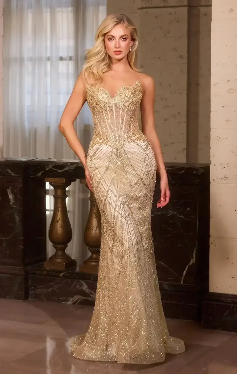 Gold evening gown in an elegant interior setting