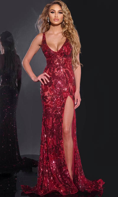 40757 - Jovani - Burgundy Floral Sequin Gown
