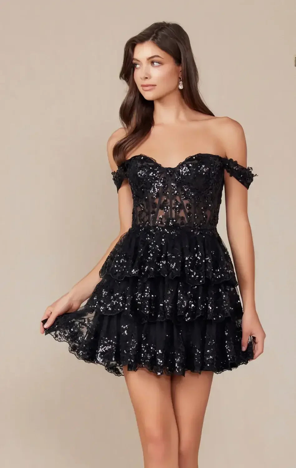 BRENNA MINI DRESS - BLACK - OFF SHOULDER TIERED SHORT DRESS