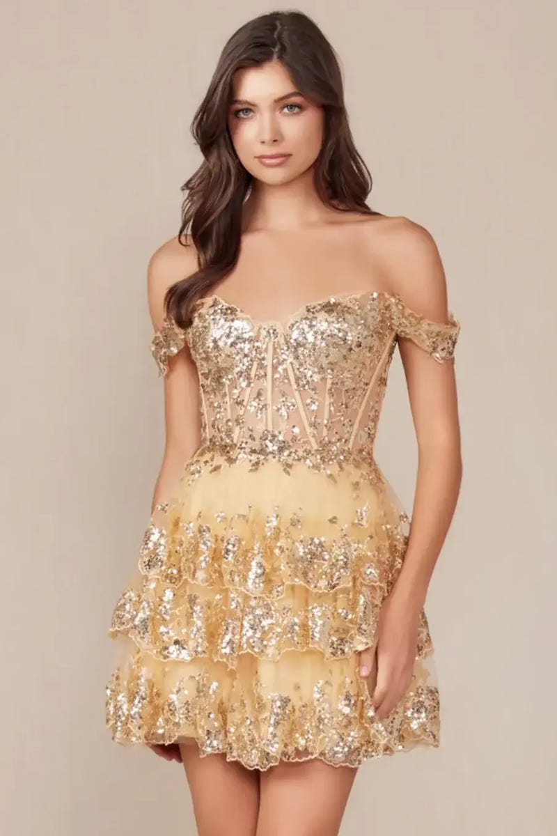 BRENNA MINI DRESS - GOLD - OFF SHOULDER TIERED SHORT DRESS