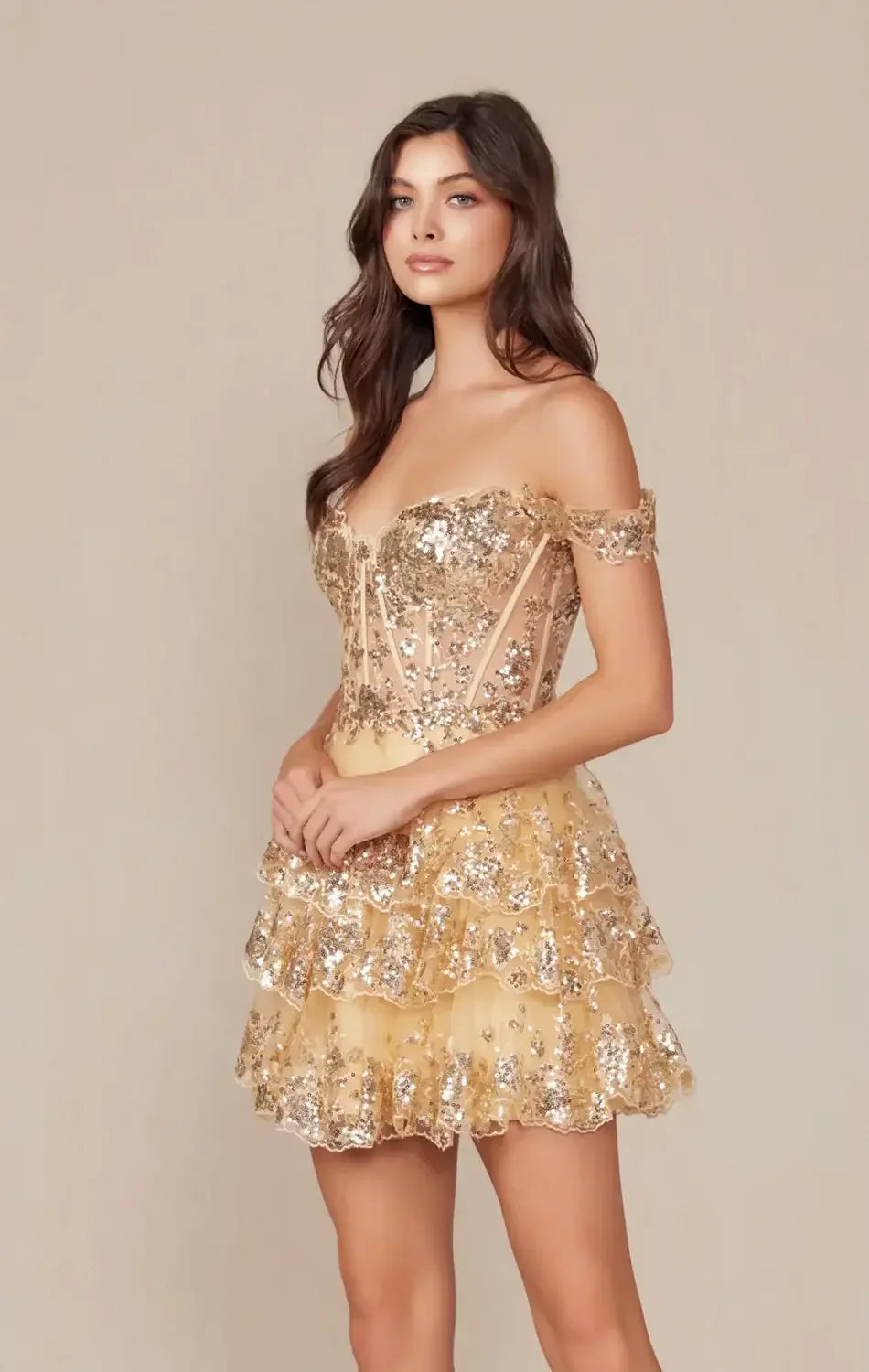 BRENNA MINI DRESS - GOLD - OFF SHOULDER TIERED SHORT DRESS