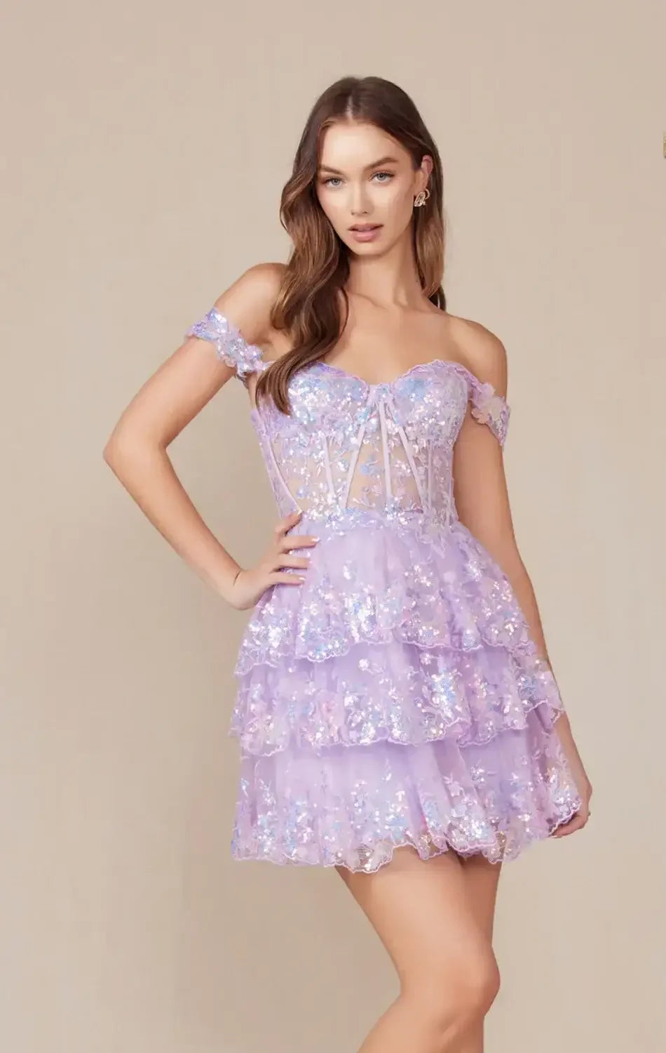 BRENNA MINI DRESS - LILAC - OFF SHOULDER TIERED SHORT DRESS