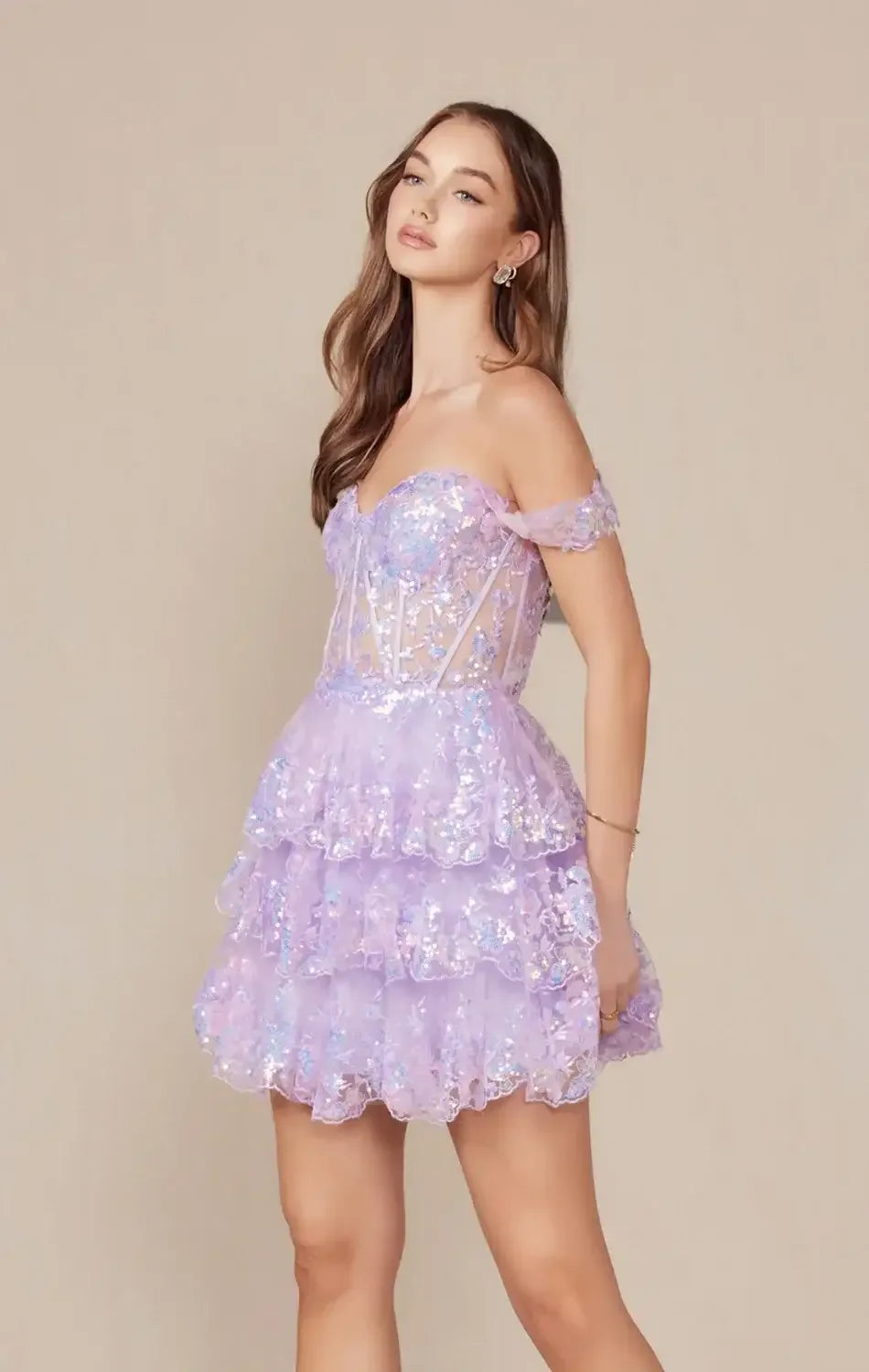 BRENNA MINI DRESS - LILAC - OFF SHOULDER TIERED SHORT DRESS