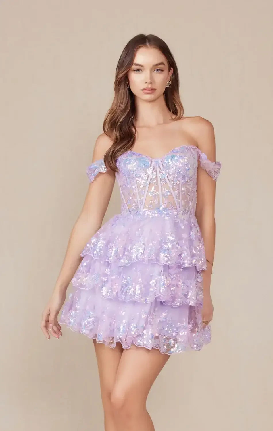 BRENNA MINI DRESS - LILAC - OFF SHOULDER TIERED SHORT DRESS