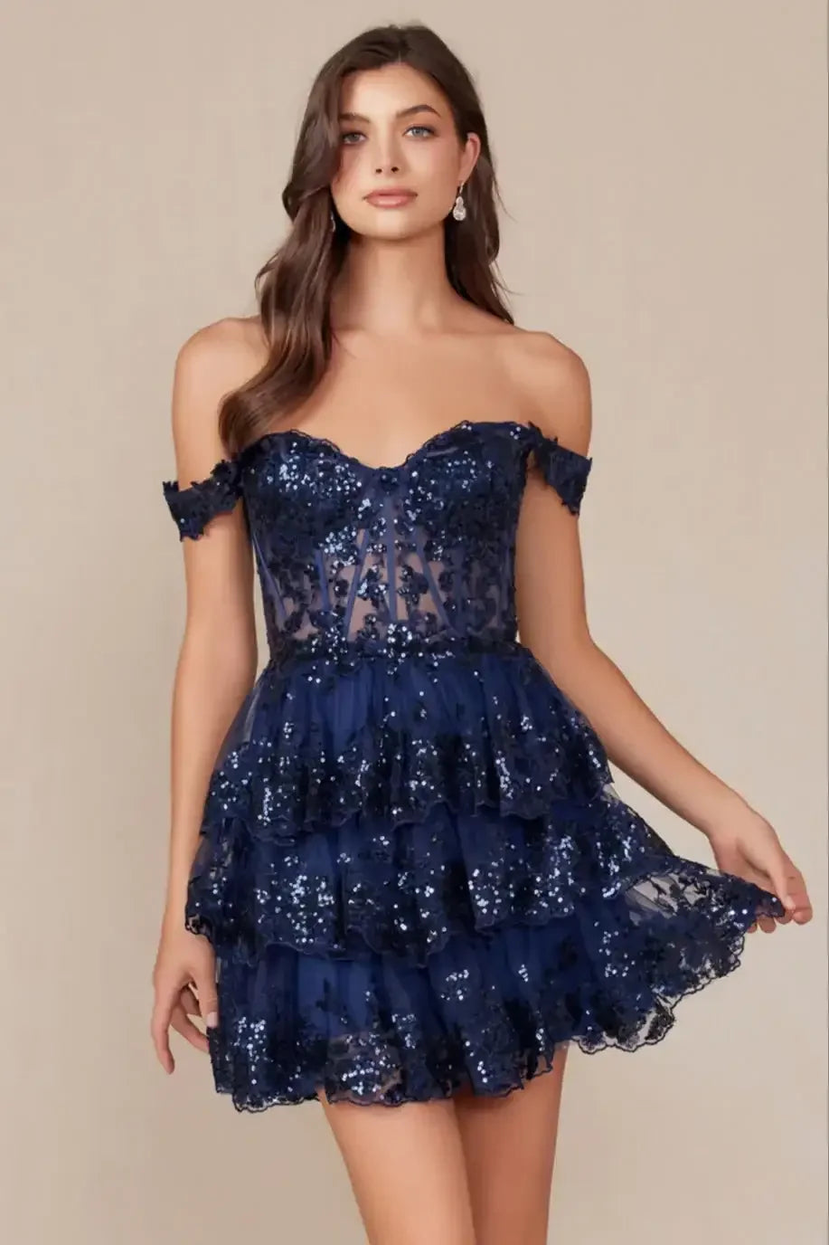 BRENNA MINI DRESS - NAVY BLUE - OFF SHOULDER TIERED SHORT DRESS