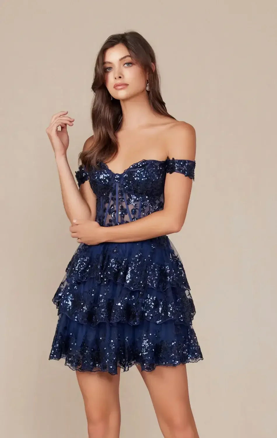 BRENNA MINI DRESS - NAVY BLUE - OFF SHOULDER TIERED SHORT DRESS