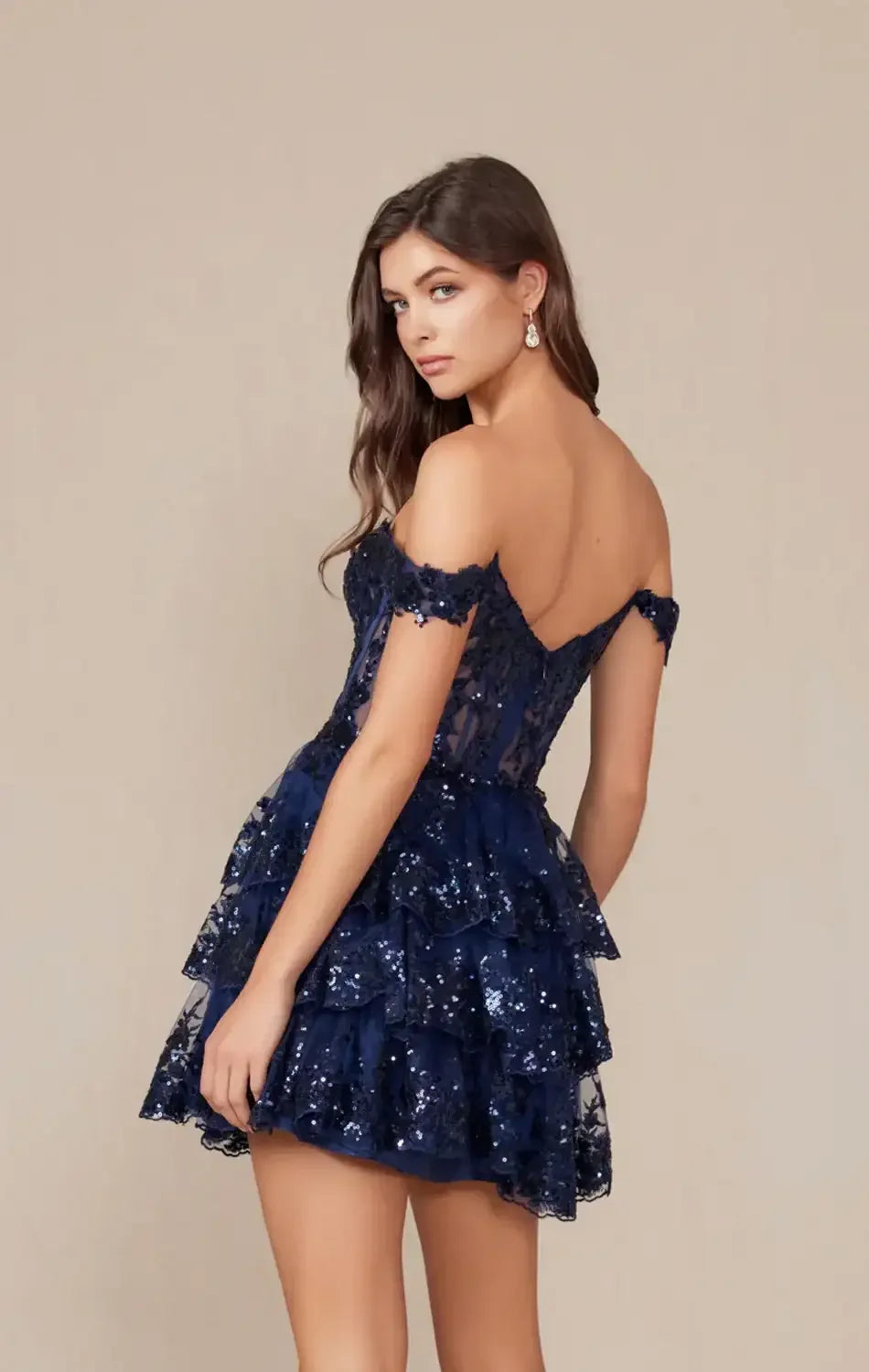 BRENNA MINI DRESS - NAVY BLUE - OFF SHOULDER TIERED SHORT DRESS