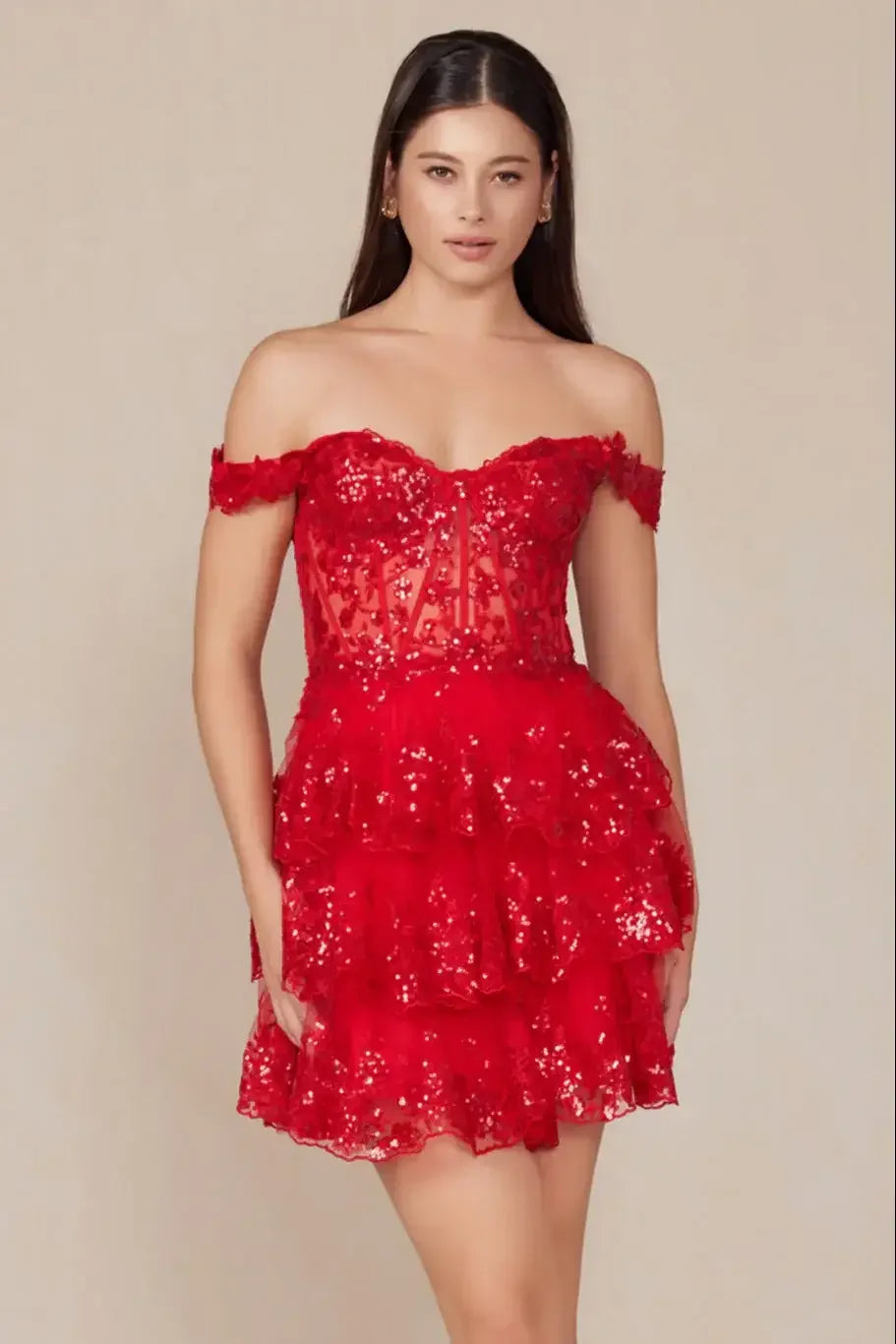 BRENNA MINI DRESS - RED - OFF SHOULDER TIERED SHORT DRESS
