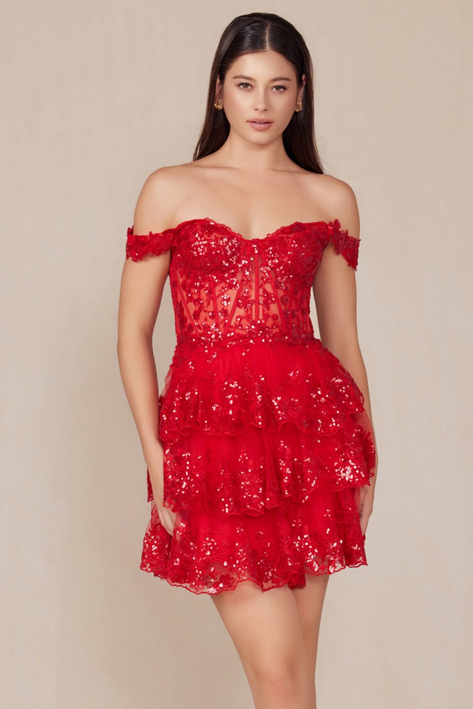 BRENNA MINI DRESS - RED - OFF SHOULDER TIERED SHORT DRESS