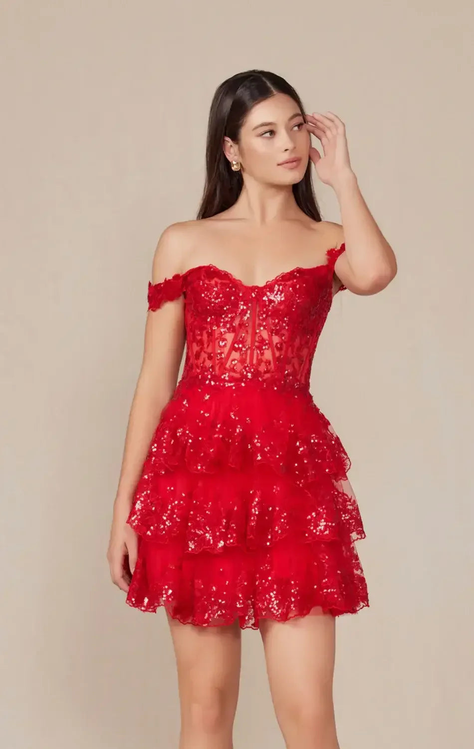 BRENNA MINI DRESS - RED - OFF SHOULDER TIERED SHORT DRESS