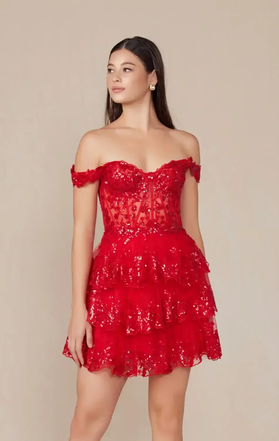 BRENNA MINI DRESS - RED - OFF SHOULDER TIERED SHORT DRESS