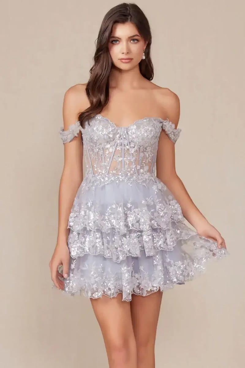 BRENNA MINI DRESS - SILVER - OFF SHOULDER TIERED SHORT DRESS