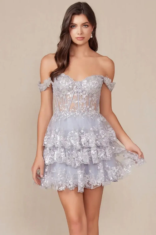 BRENNA MINI DRESS - SILVER - OFF SHOULDER TIERED SHORT DRESS