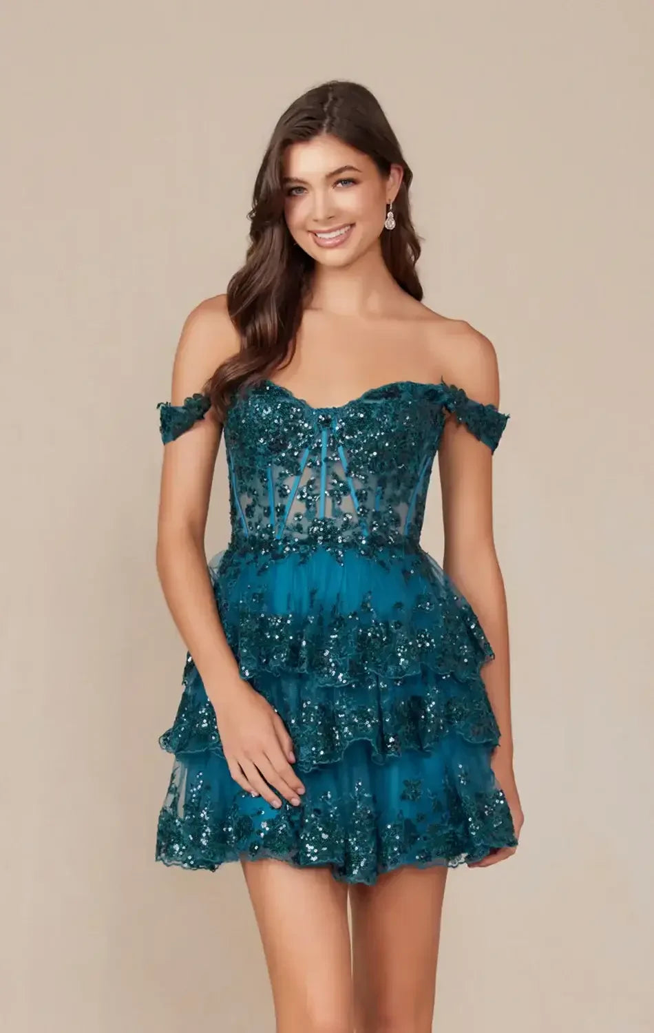 BRENNA MINI DRESS - TEAL - OFF SHOULDER TIERED SHORT DRESS