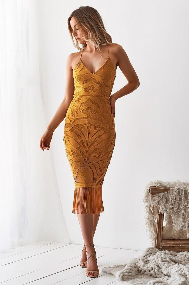 Lady Black Tie - Khaleesi Dress - Mustard - Lace Dress with Fringe - Size 4 Lady Black Tie - Khaleesi Dress - Mustard - Lace Dress with Fringe - Size 4
