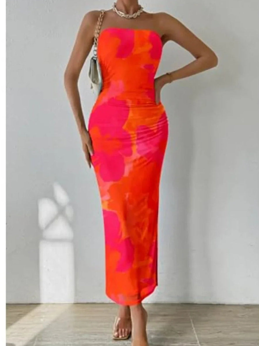 ISC SALE - Sandy Strapless Midi - Orange and Hot Pink Floral