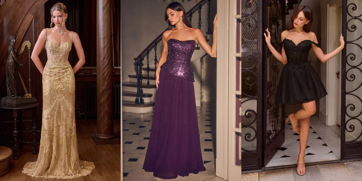 A gold beaded gown, a plum sequin and chiffon gown, and a black lace and tulle mini dress
