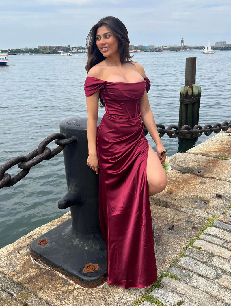 MABEL GOWN - OFF THE SHOULDER LUXE SATIN CORSET DRESS