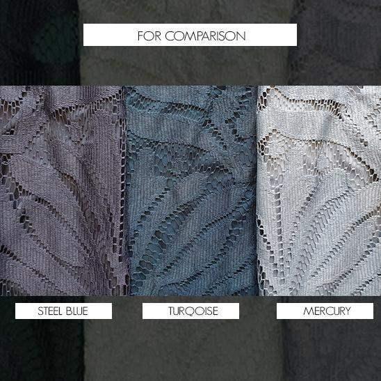 Three lace fabric swatches are displayed side by side, featuring intricate patterns. The colors are labeled as Steel Blue, Turquoise, and Mercury, with a title at the top reading "FOR COMPARISON."