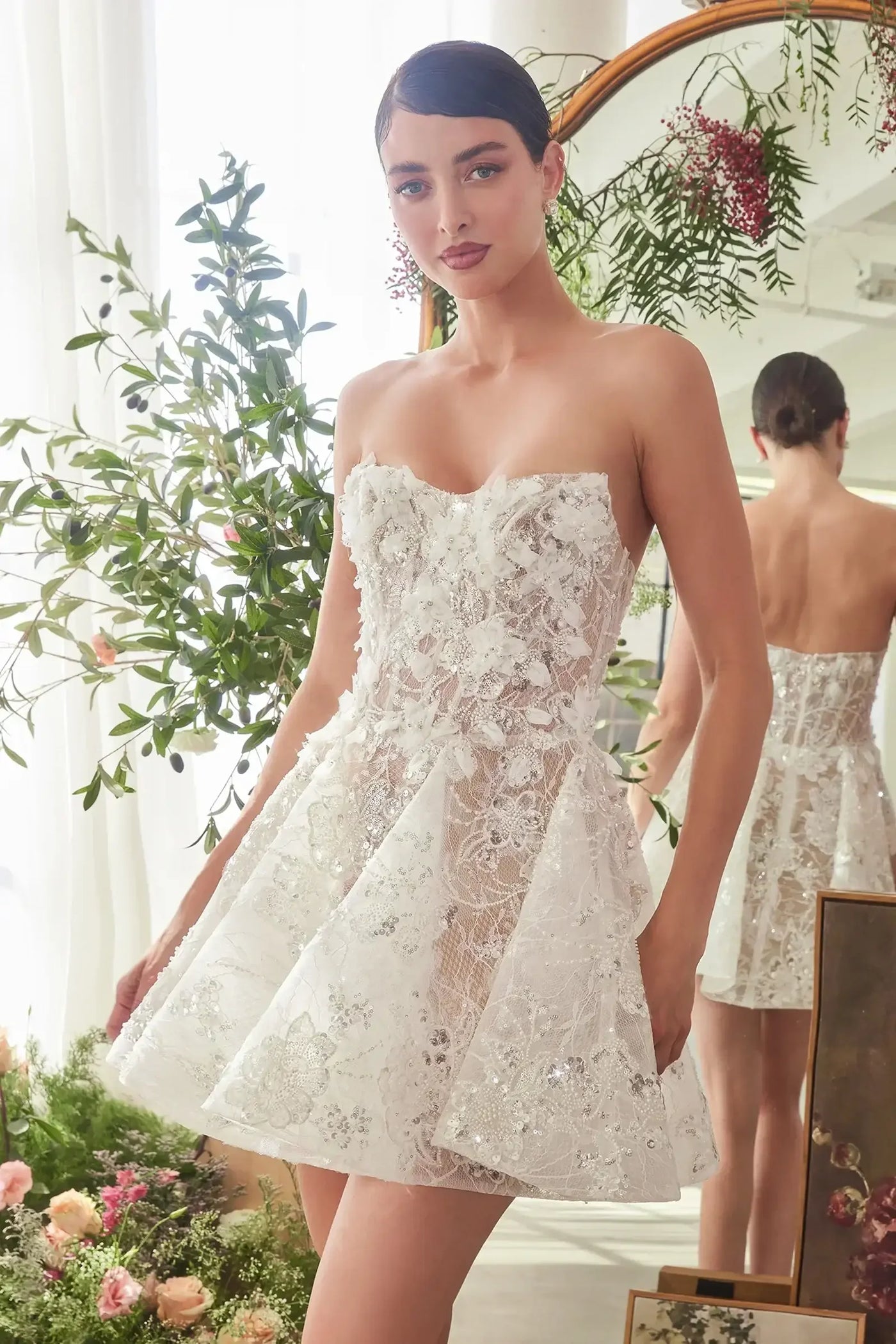WL082 - BRIDAL MINI A-LINE DRESS WITH FLORAL APPLIQUE - Andrea & Leo