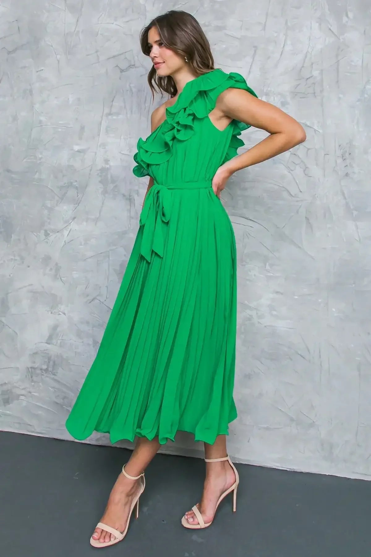SUN-KISSED STYLE - GREEN - ONE SHOULDER RUFFLE MIDI DRESS