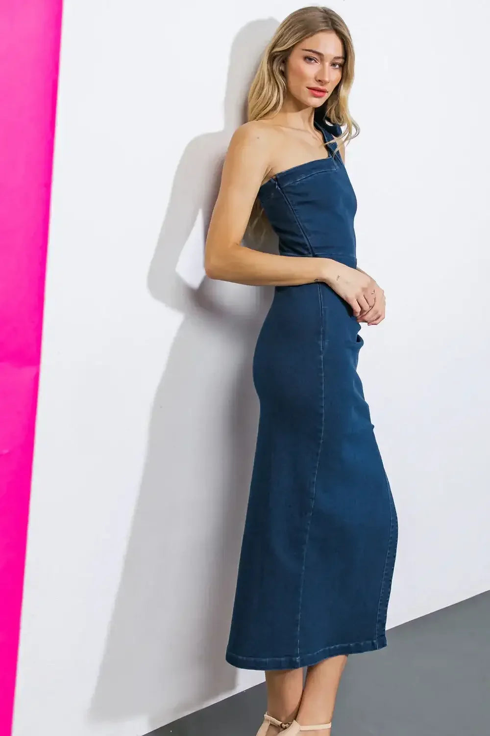 RAY OF LIGHT - ONE SHOULDER DENIM MIDI DRESS