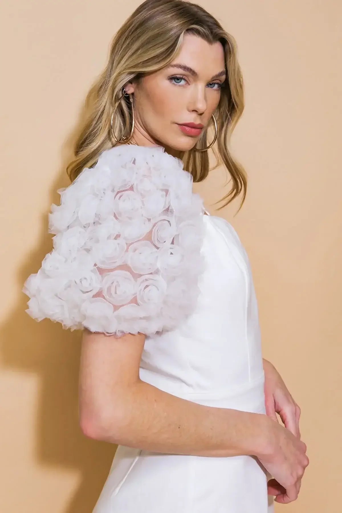 ROSETTE SLEEVE WHITE DENIM ROMPER