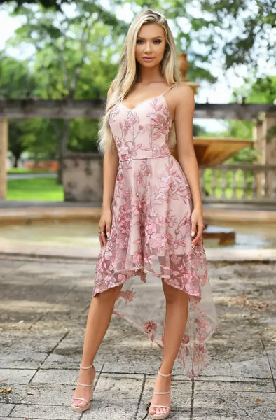 Elegant Saskia High-Low Dress with Rose Embroidery | Lady Black Tie