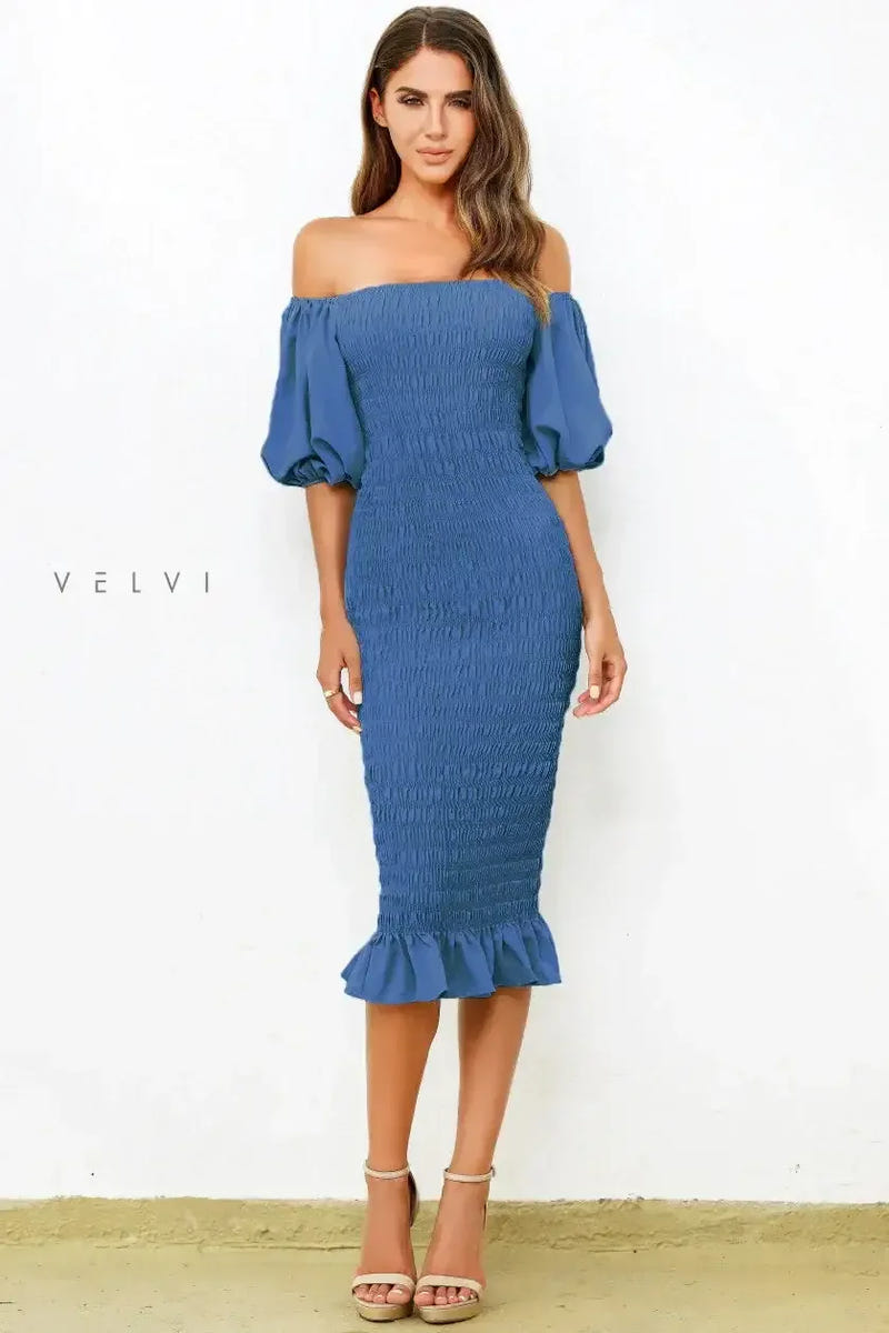 Skyla Shirred Midi Dress - Navy