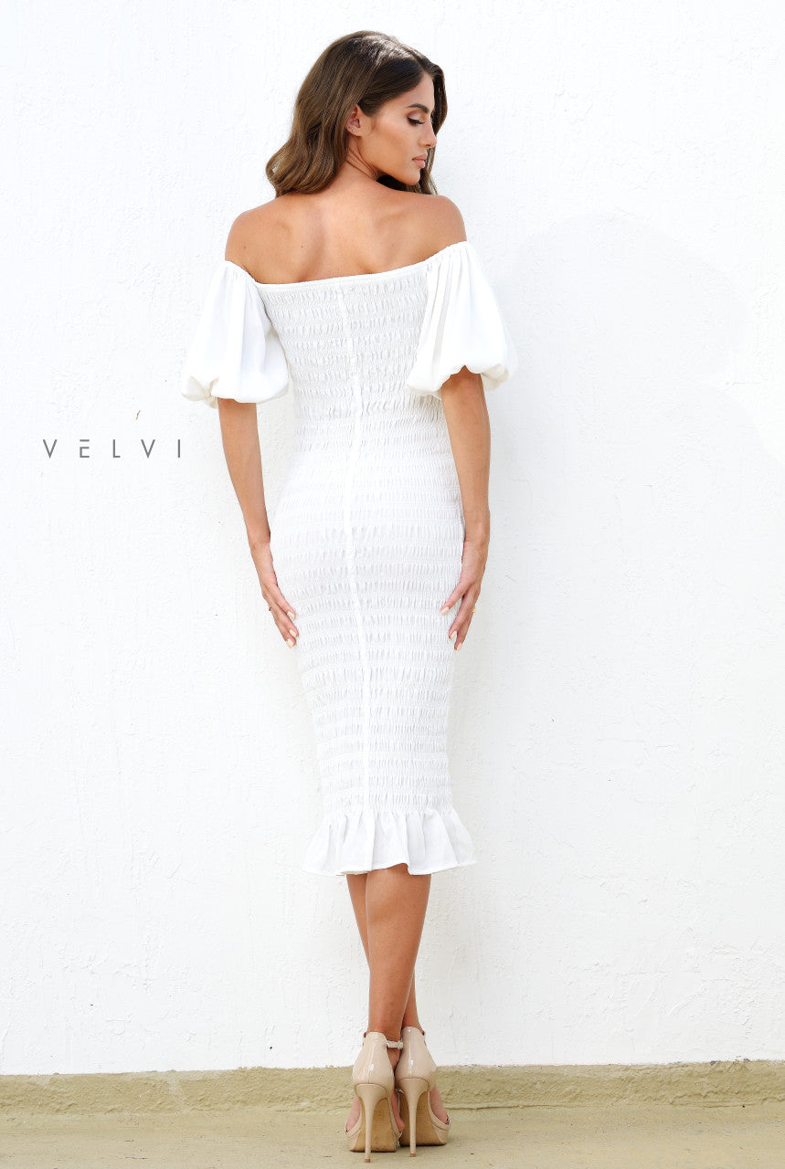 Shop the Skyla Shirred White Midi Dress | Elegant Women's Fashion Online Shop the Skyla Shirred White Midi Dress | Elegant Women's Fashion Online