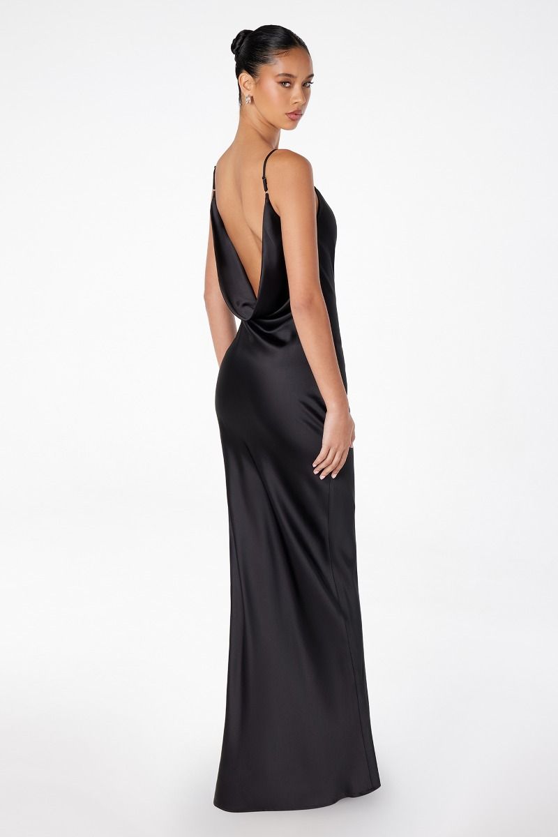 Lady Black Tie - Lina Satin Cowl Neck Maxi Dress with Draped Back - Size Small Lady Black Tie - Lina Satin Cowl Neck Maxi Dress with Draped Back - Size Small