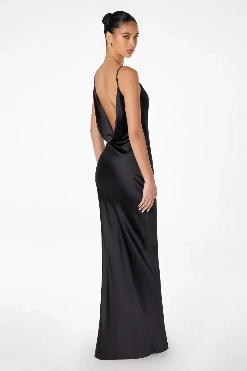 Lina Satin Cowl Neck Maxi Dress with Draped Back
