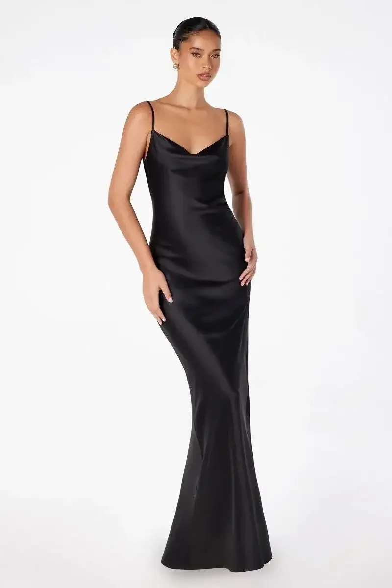 Lina Satin Cowl Neck Maxi Dress with Draped Back