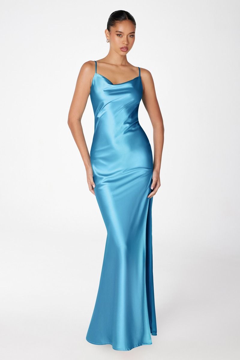 Lady Black Tie - Lina Satin Cowl Neck Maxi Dress With Draped Back - Size Extra Small Lady Black Tie - Lina Satin Cowl Neck Maxi Dress With Draped Back - Size Extra Small