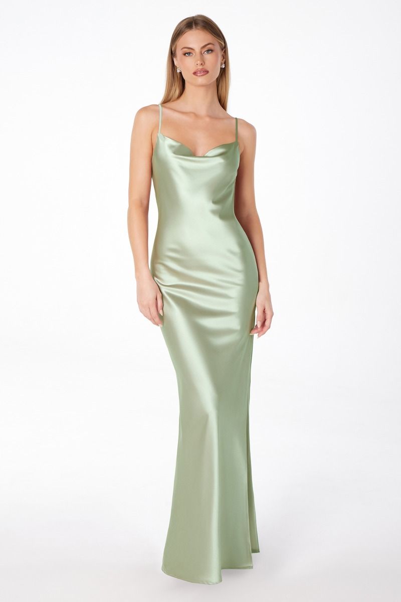 long green silk dress Kiki Satin Maxi and long balloon sleeves with elastic at the shoulders and cuffs Lady Black Tie - Lina