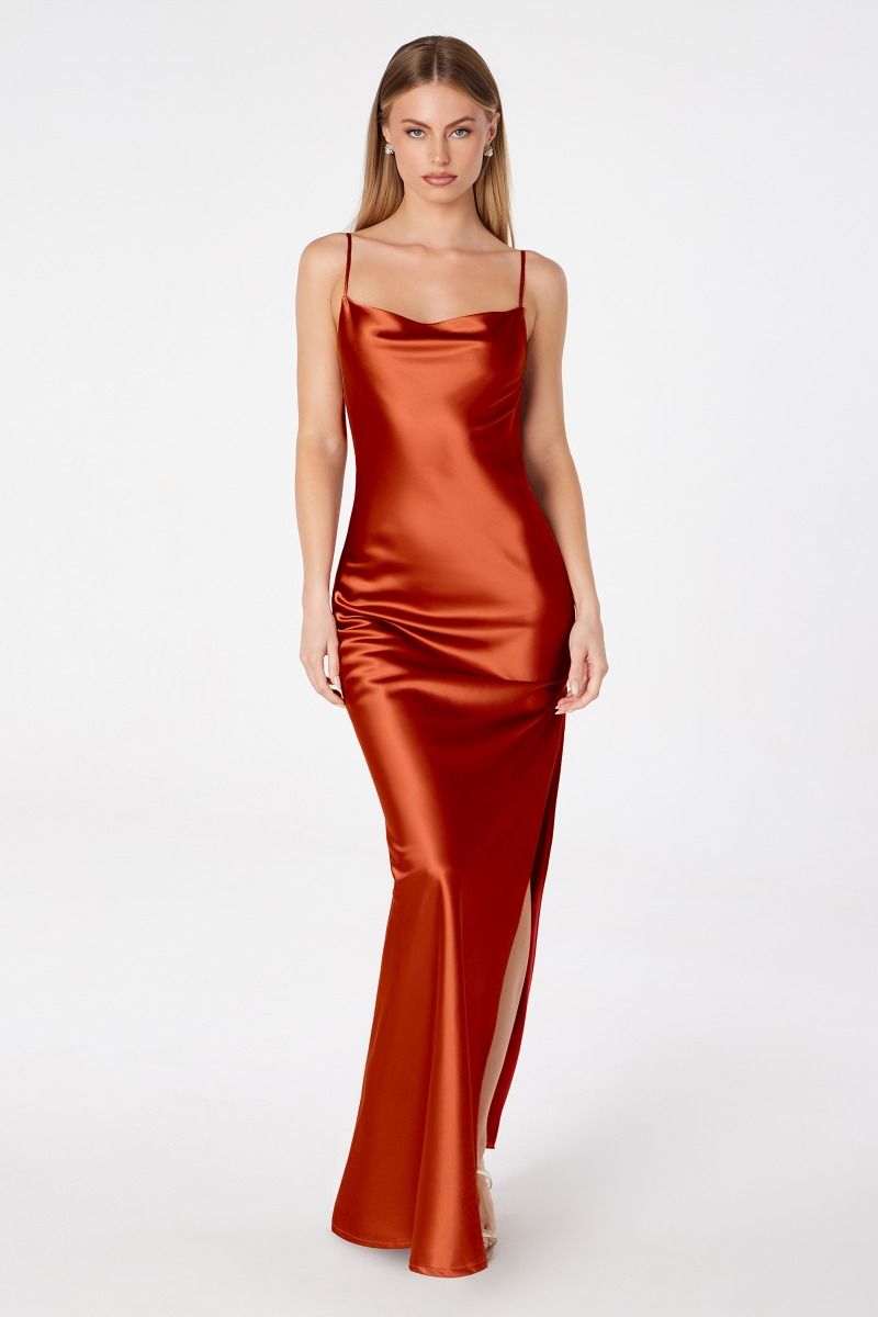 Lady Black Tie - Lina Satin Cowl Neck Maxi Dress with Draped Back - Size Small Lady Black Tie - Lina Satin Cowl Neck Maxi Dress with Draped Back - Size Small
