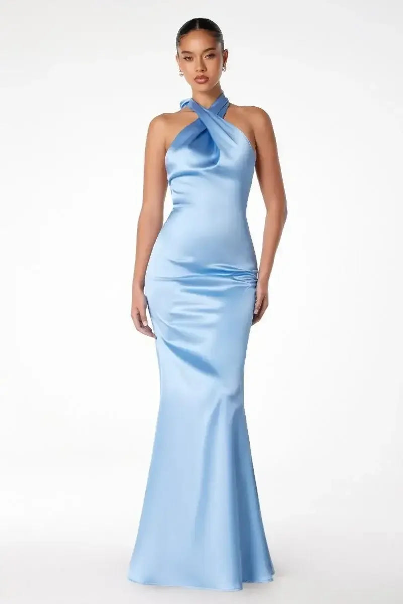 Piper Maxi Dress - Fitted Satin Halter Dress