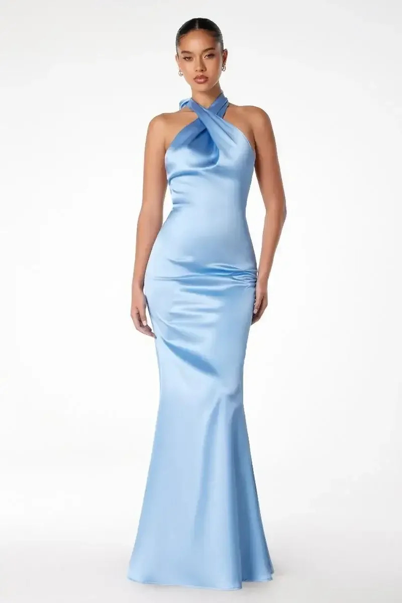 Piper Maxi Dress - Fitted Satin Halter Dress